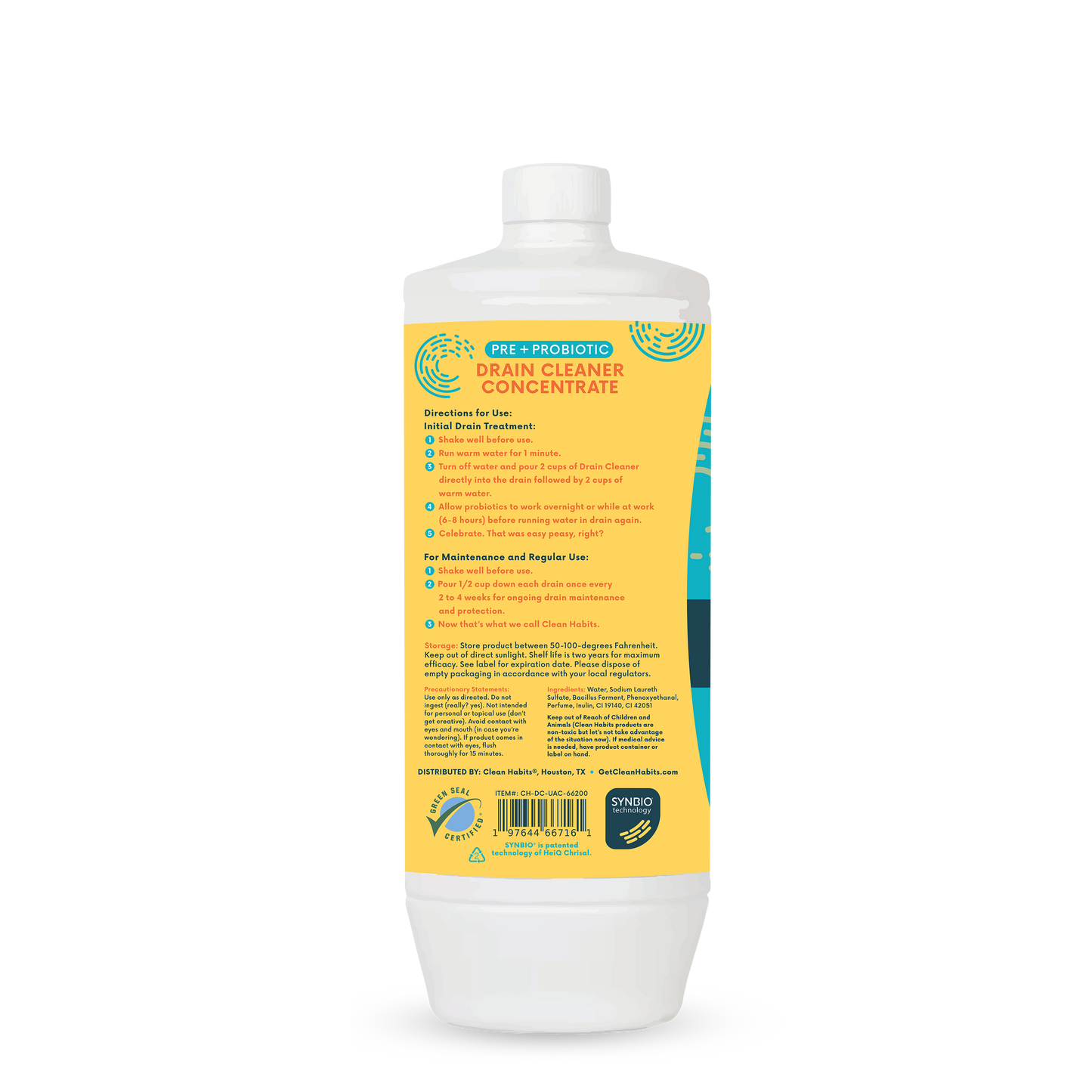 Clean Habits Pre + Probiotic Drain Care Concentrate right side product label
