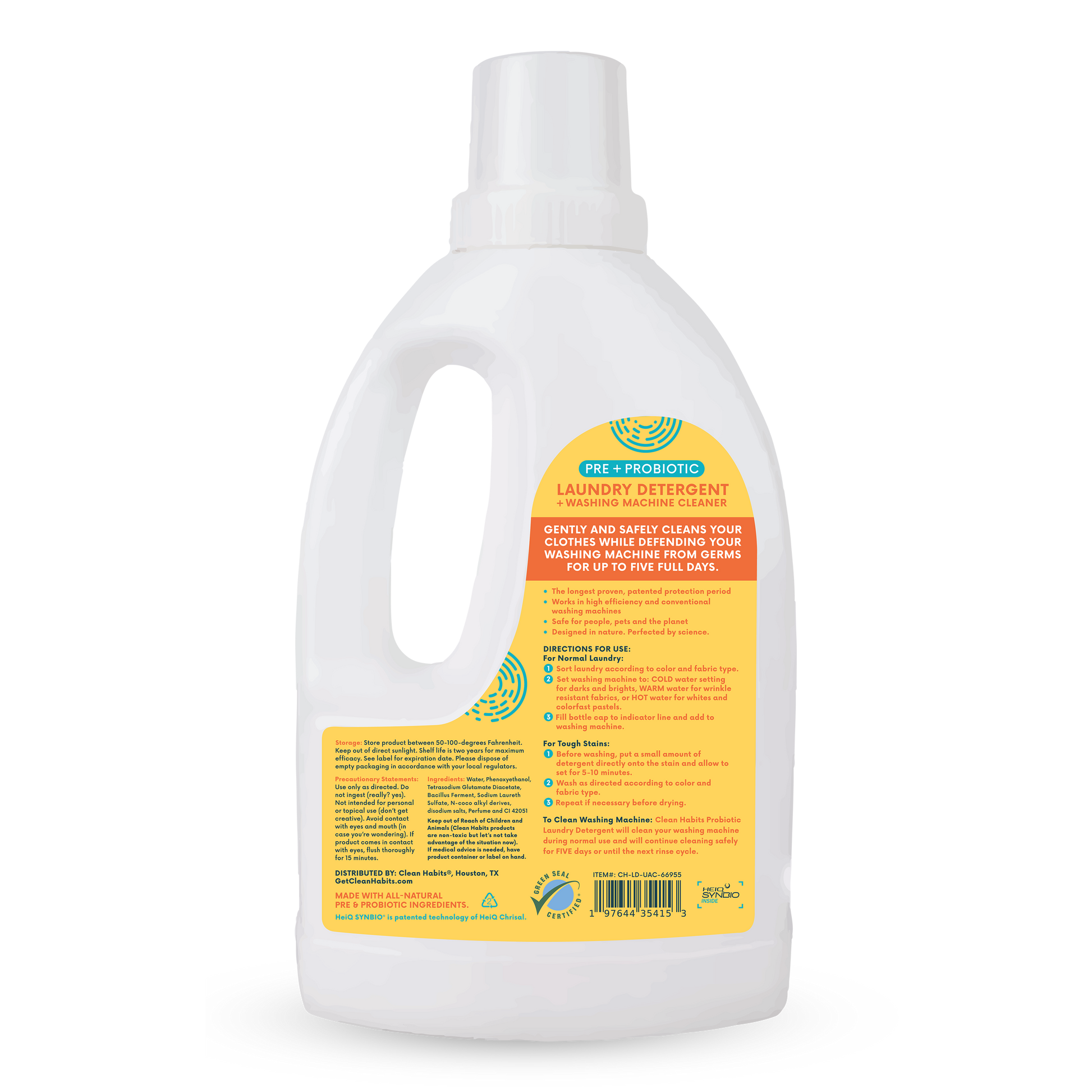 Clean Habits Pre + Probiotic Laundry Detergent + Washing Machine Cleaner back product label