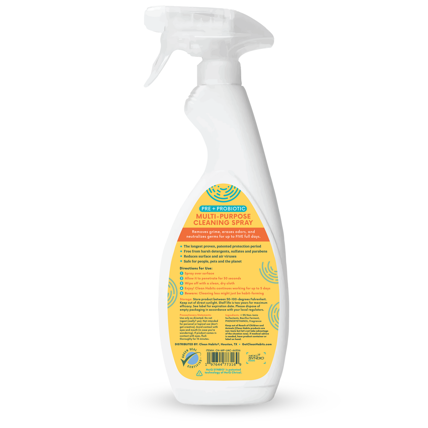 Clean Habits Pre + Probiotic Multi-purpose Cleaning Spray back product label