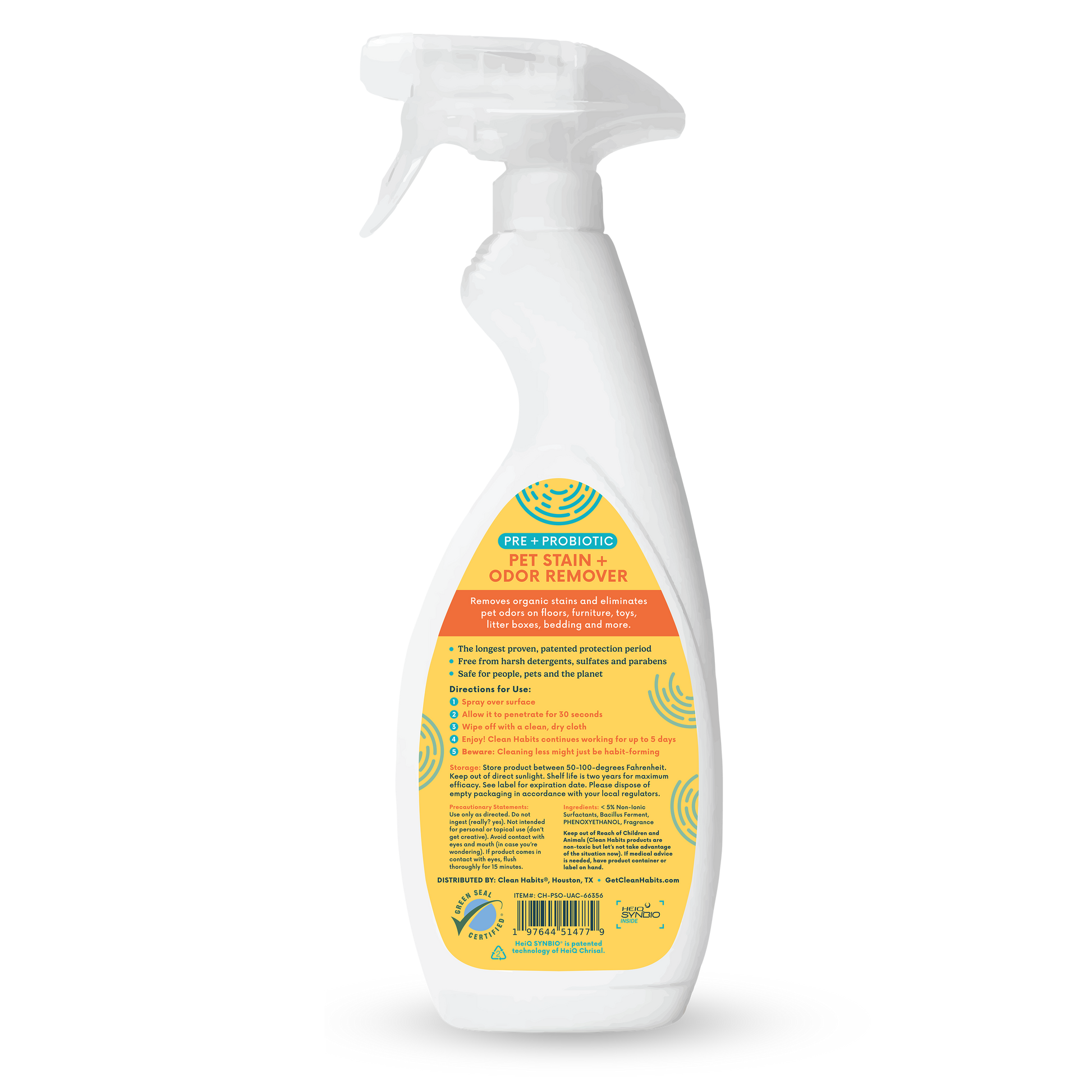 Clean Habits Pre + Probiotic Pet Spray & Odor Remover back product label